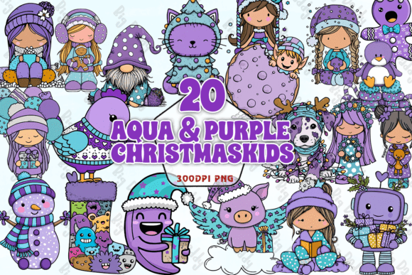 Aqua Purple Christmas Kids Bundle PNG Review for Illustrations