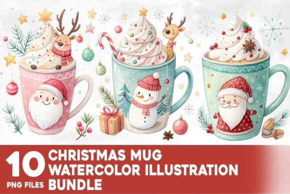 Christmas Mug Watercolor Bundle for Illustrations