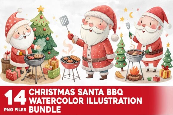 Christmas Santa BBQ Watercolor Bundle for Illustrations