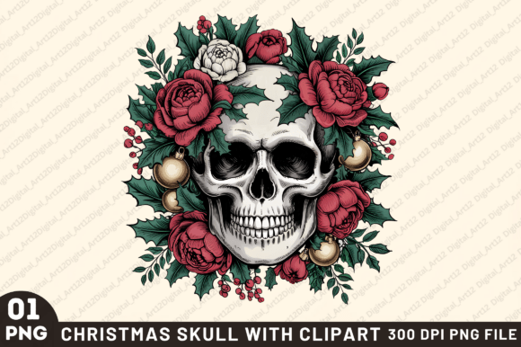 Christmas Skull PNG Sublimation Clipart for Illustrations