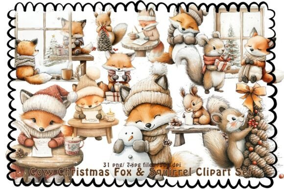 Cozy Christmas Fox Squirrel Clipart for Illustrations