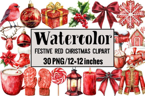 Festive Red Christmas Clipart for Illustrations