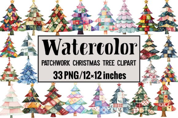 Patchwork Christmas Tree Clipart for Modern Illustrations