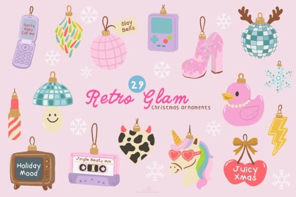 Retro Glam Christmas Ornaments Clipart for Illustrations