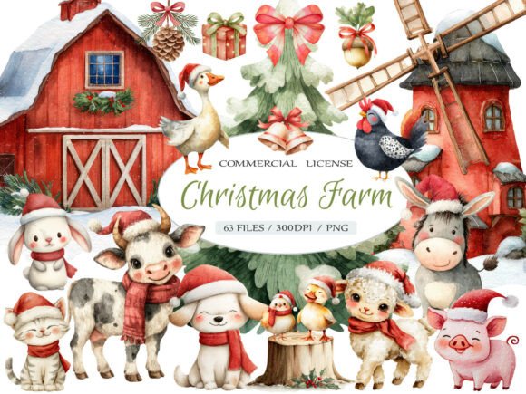 Watercolor Christmas Farm Animal Clipart